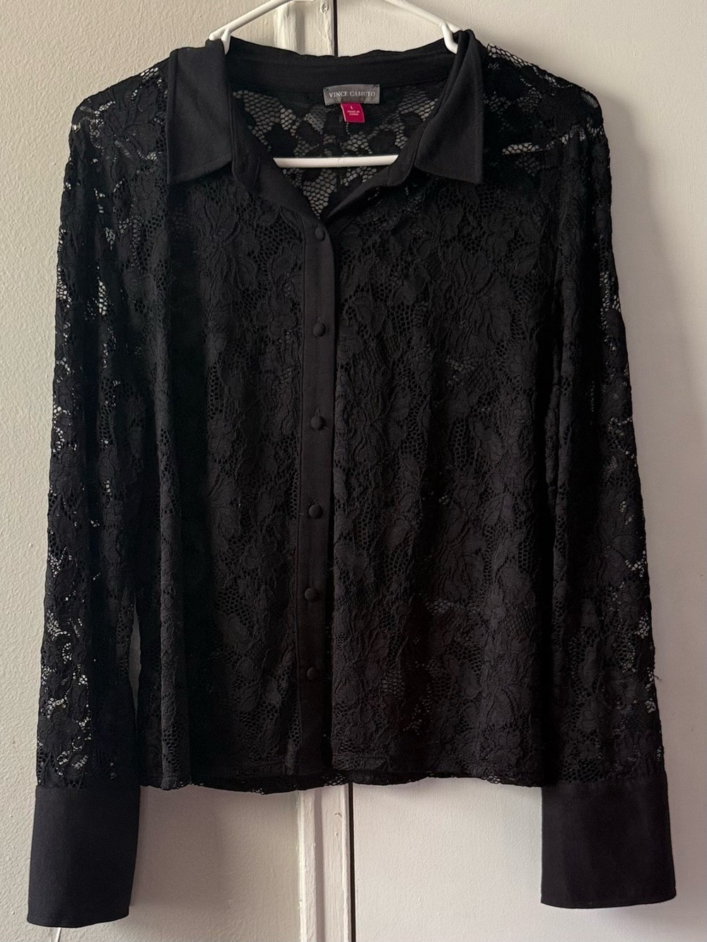 NWOT Vince Camuto Black Lace Button Front Sheer Feminine Romantic Top Large $109 - Picture 1 of 5